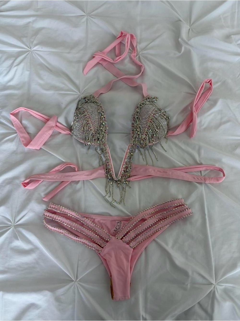 Pink Embellished Bikini Rave Set with Crystal Rhinestone Details